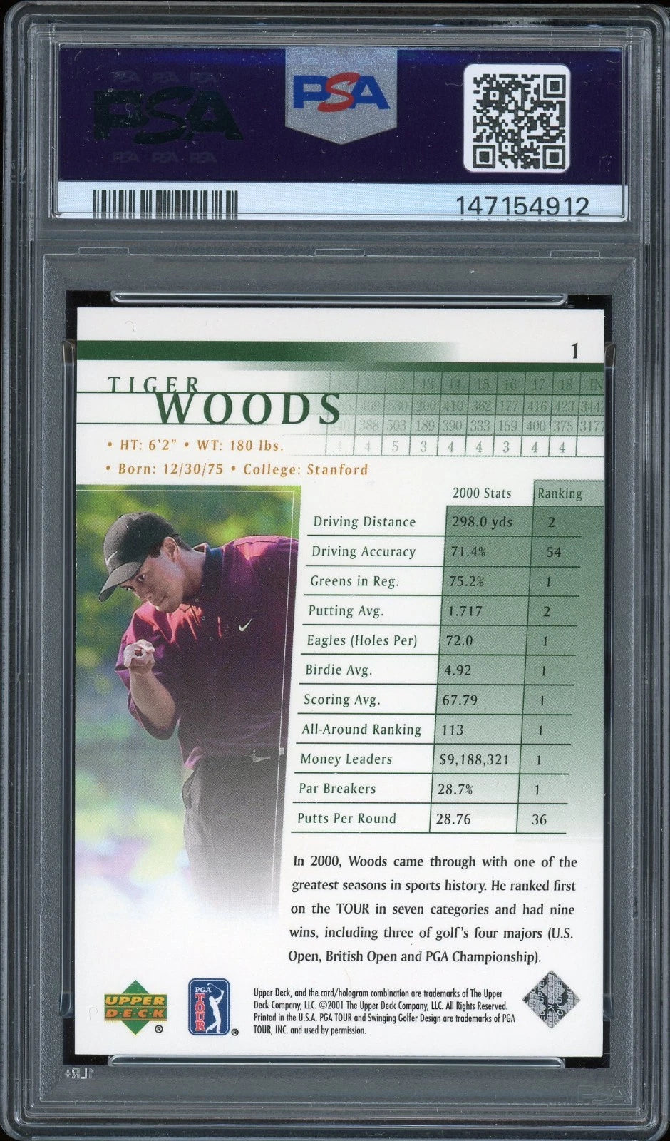 2001 Upper Deck Golf #1 Tiger Woods PSA 8 NM-MT
