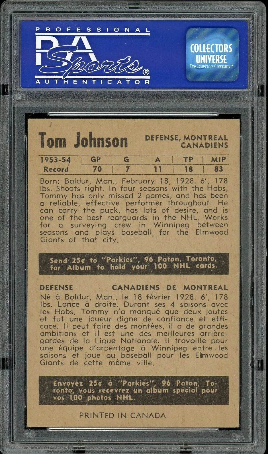 1954 Parkhurst #10 Tom Johnson PSA 5 EX