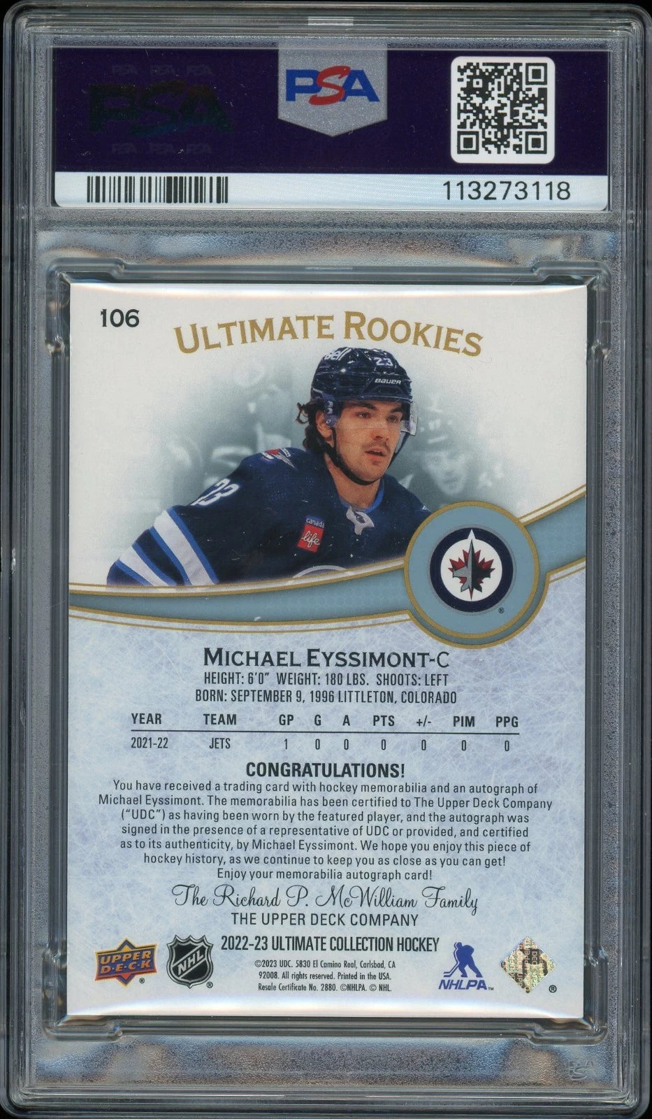 2022 Ultimate Collection #106 Michael Eyssimont Patch Autograph PSA 8 NM-MT