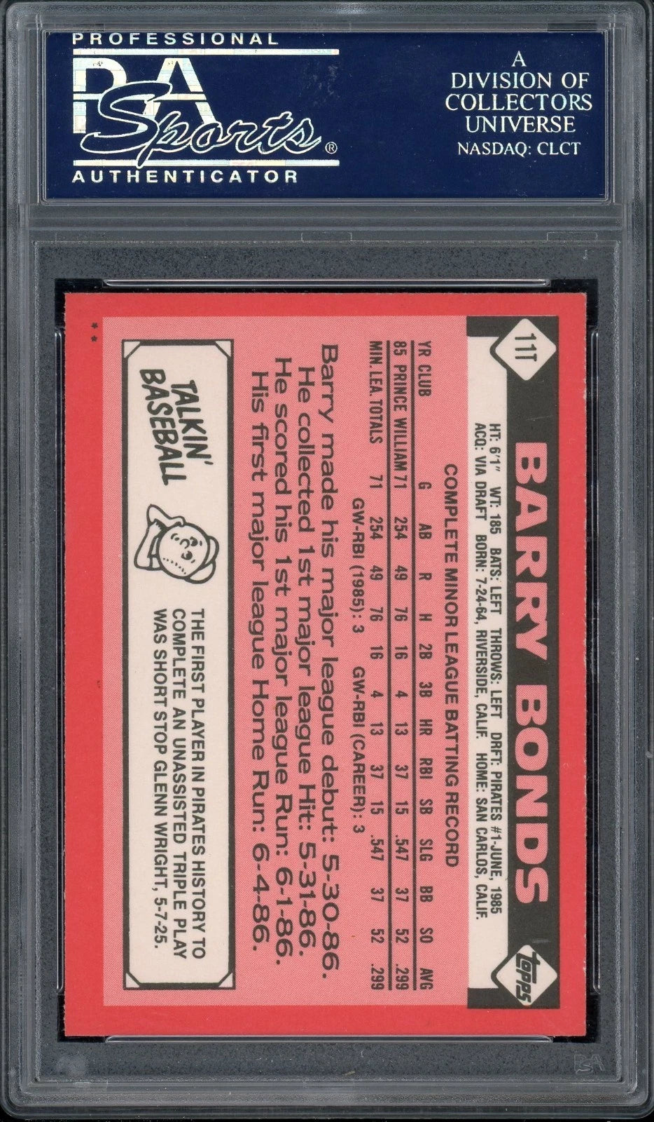 1986 Topps Traded #11T Barry Bonds PSA 9 Mint