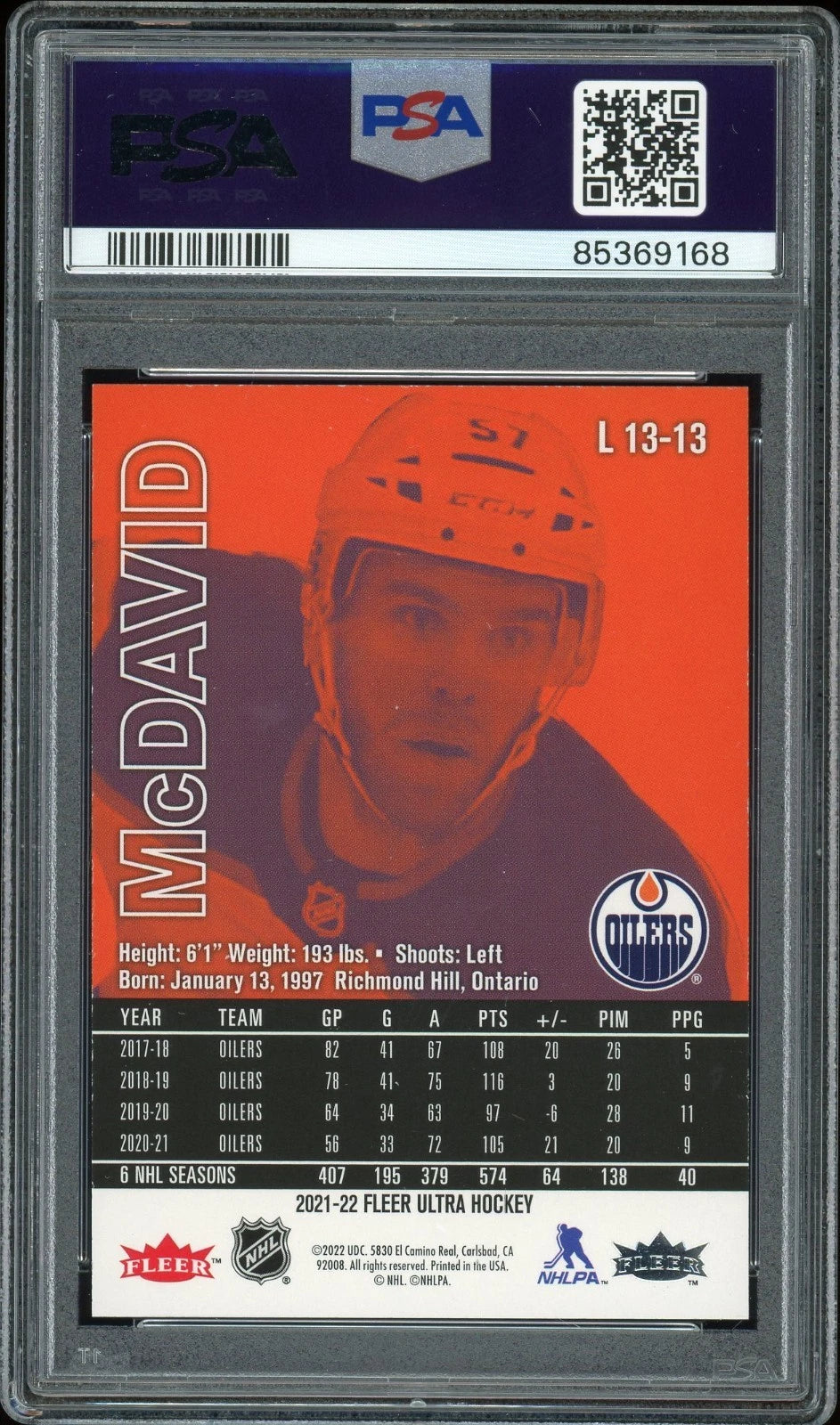 2021 Fleer Ultra #13-13 Connor McDavid Lucky 13 PSA 9 Mint