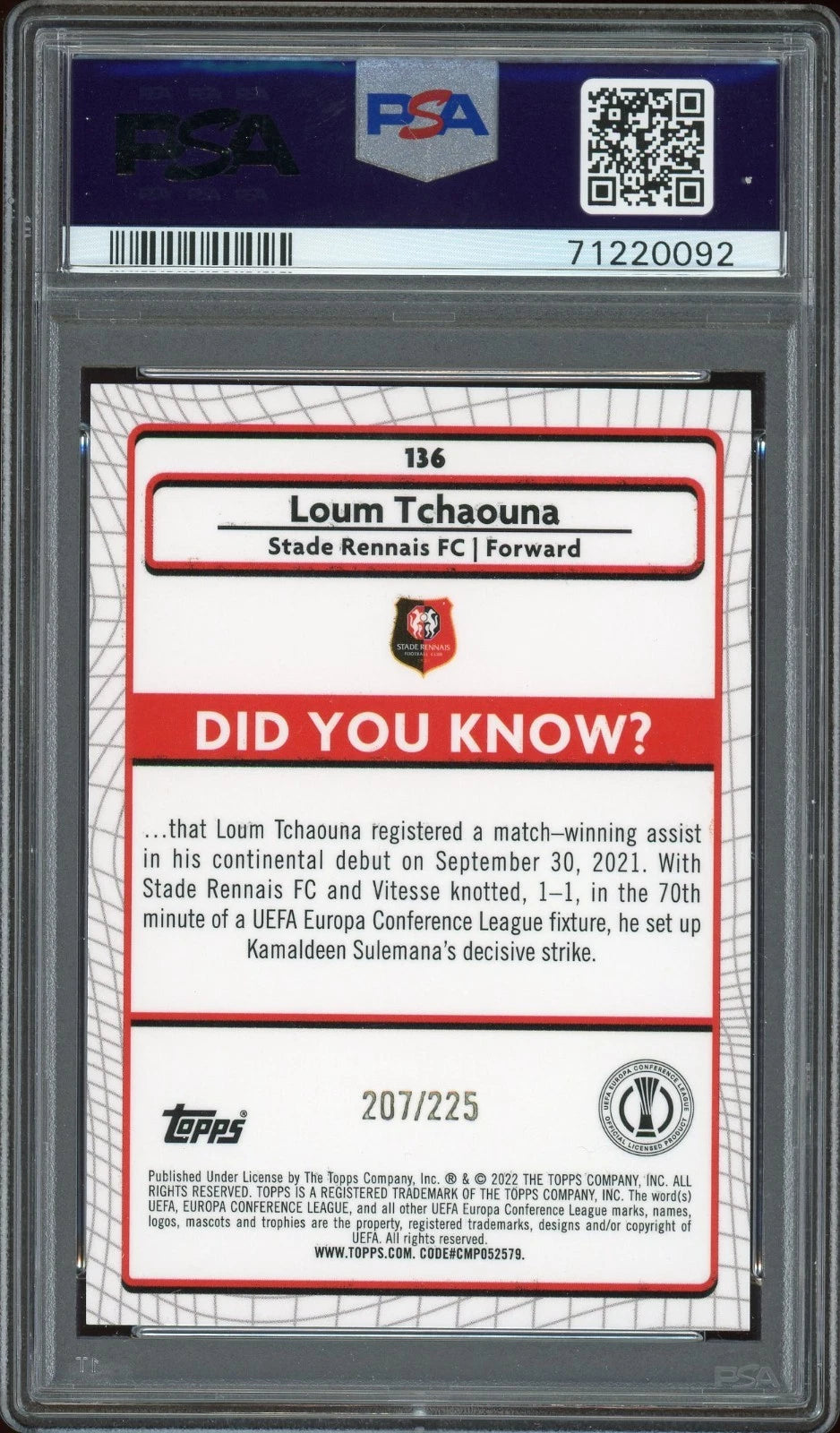 2021 Merlin Chrome UEFA #136 Loum Tchaouna Yellow Wave Refractor PSA 10 GEM MT