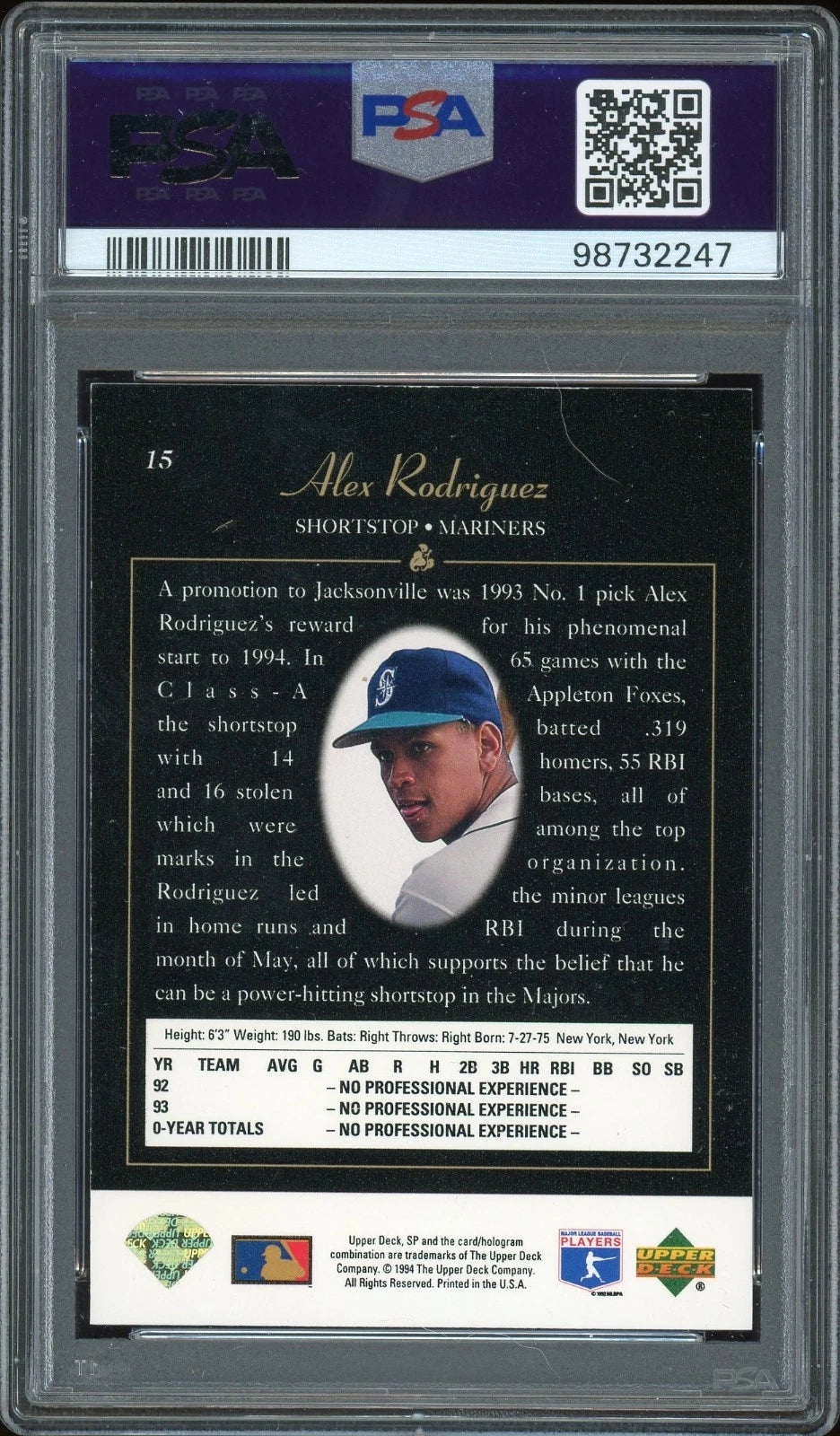 1994 SP #15 Alex Rodriguez Foil PSA 8 NM-MT