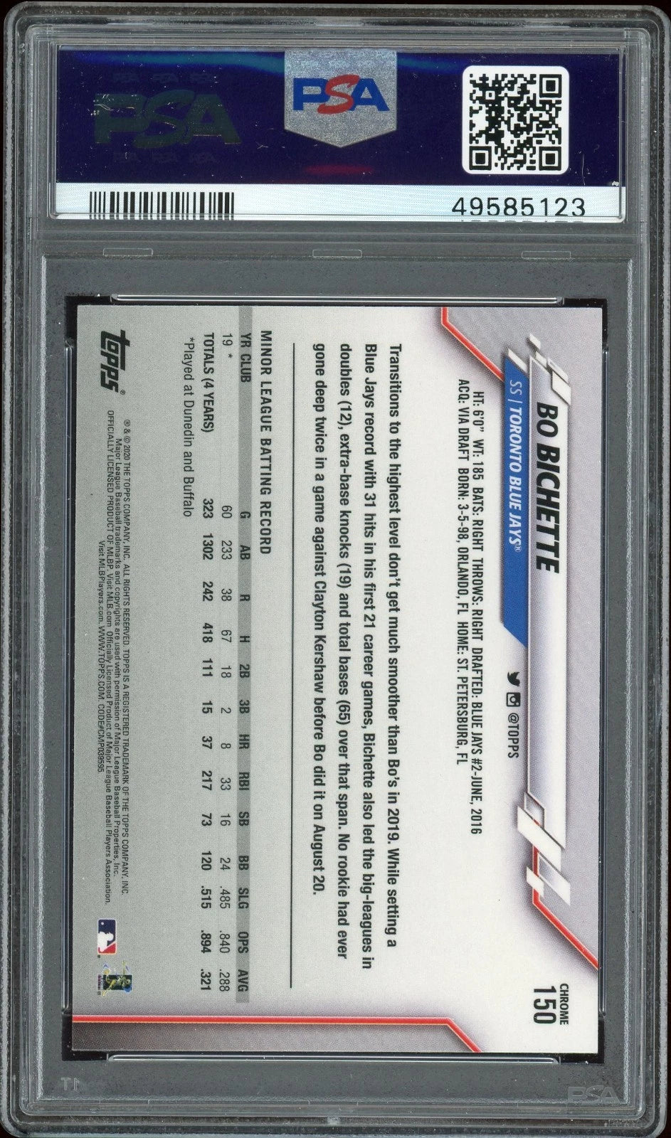 2020 Topps Chrome #150 Bo Bichette PSA 10 GEM MT