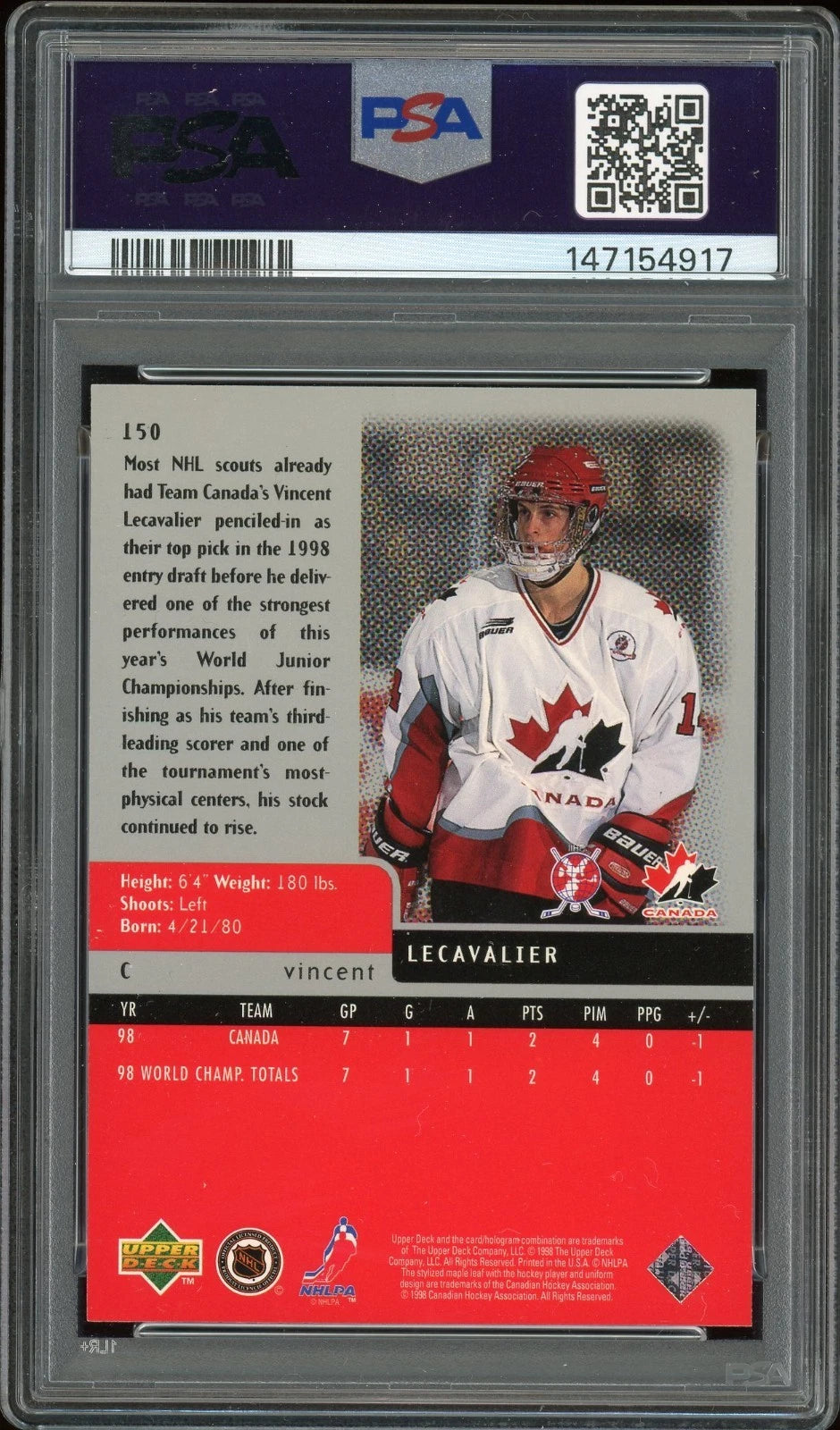 1997 Upper Deck Black Diamond #150 Vincent Lecavalier Single PSA 8 NM-MT