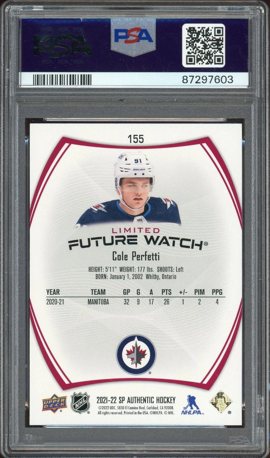 2021 SP Authentic #155 Cole Perfetti Limited Red PSA 10 GEM MT