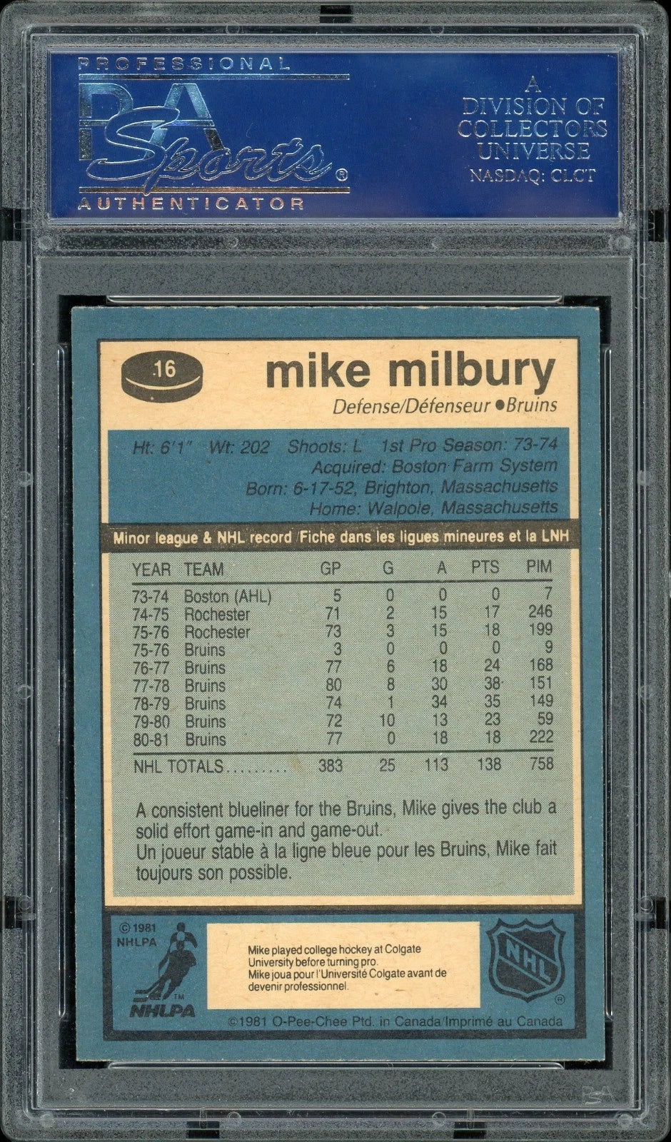1981 O-Pee-Chee #16 Mike Milbury PSA 9 Mint