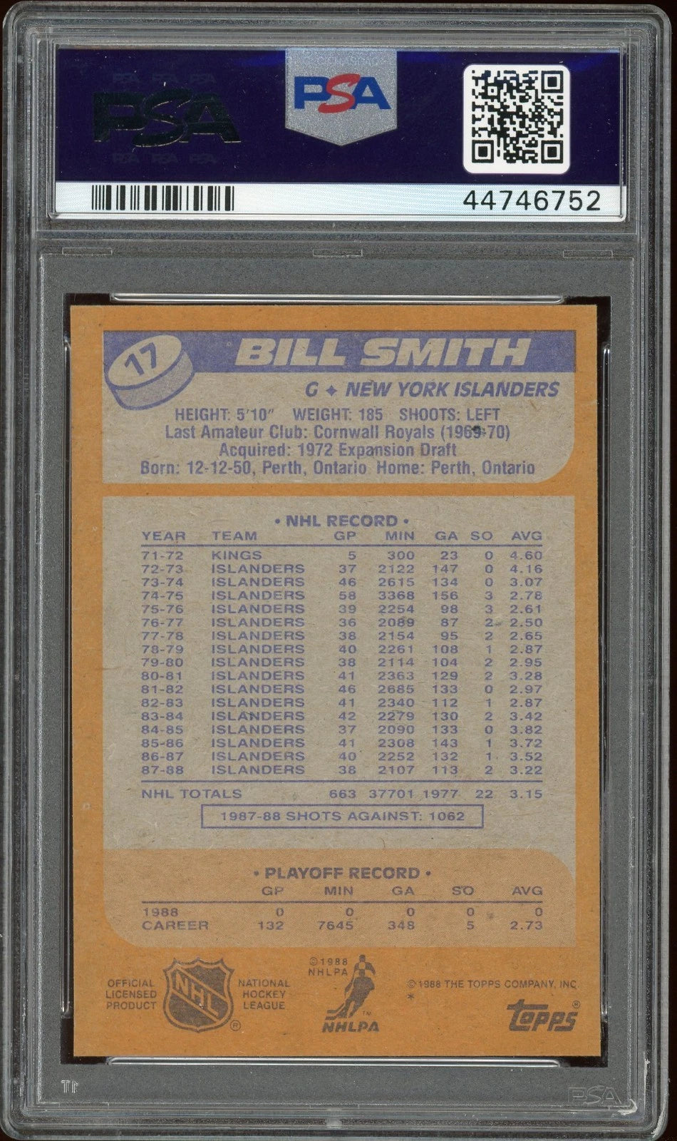 1988 Topps #17 Bill Smith PSA 10 GEM MT