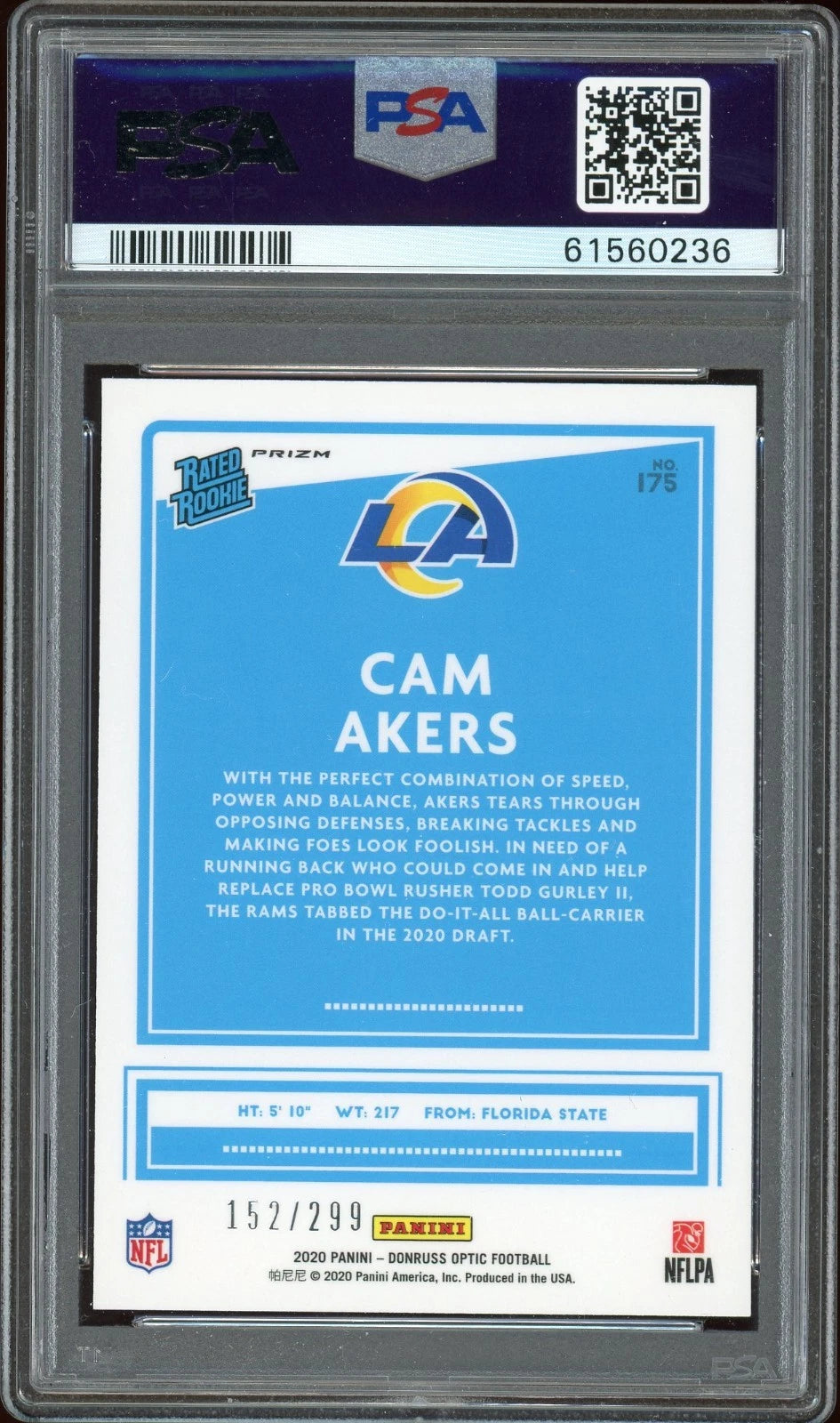 2020 Panini Donruss Optic #175 Cam Akers Aqua PSA 10 GEM MT /299