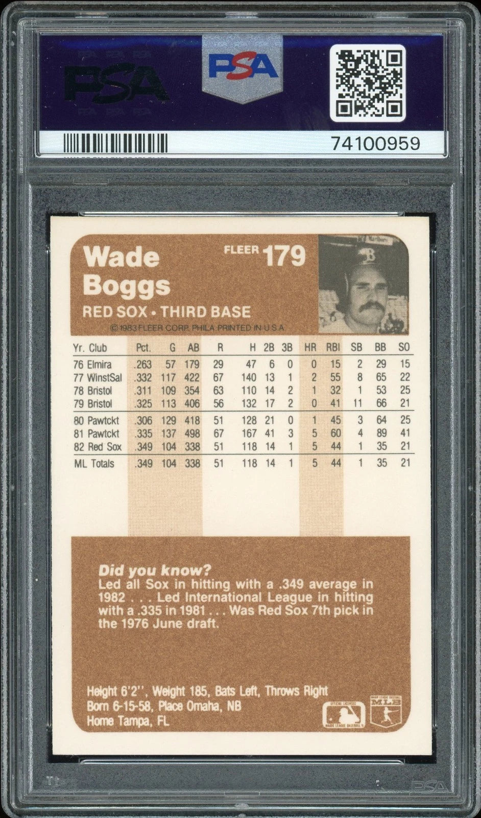1983 Fleer #179 Wade Boggs PSA 9 Mint