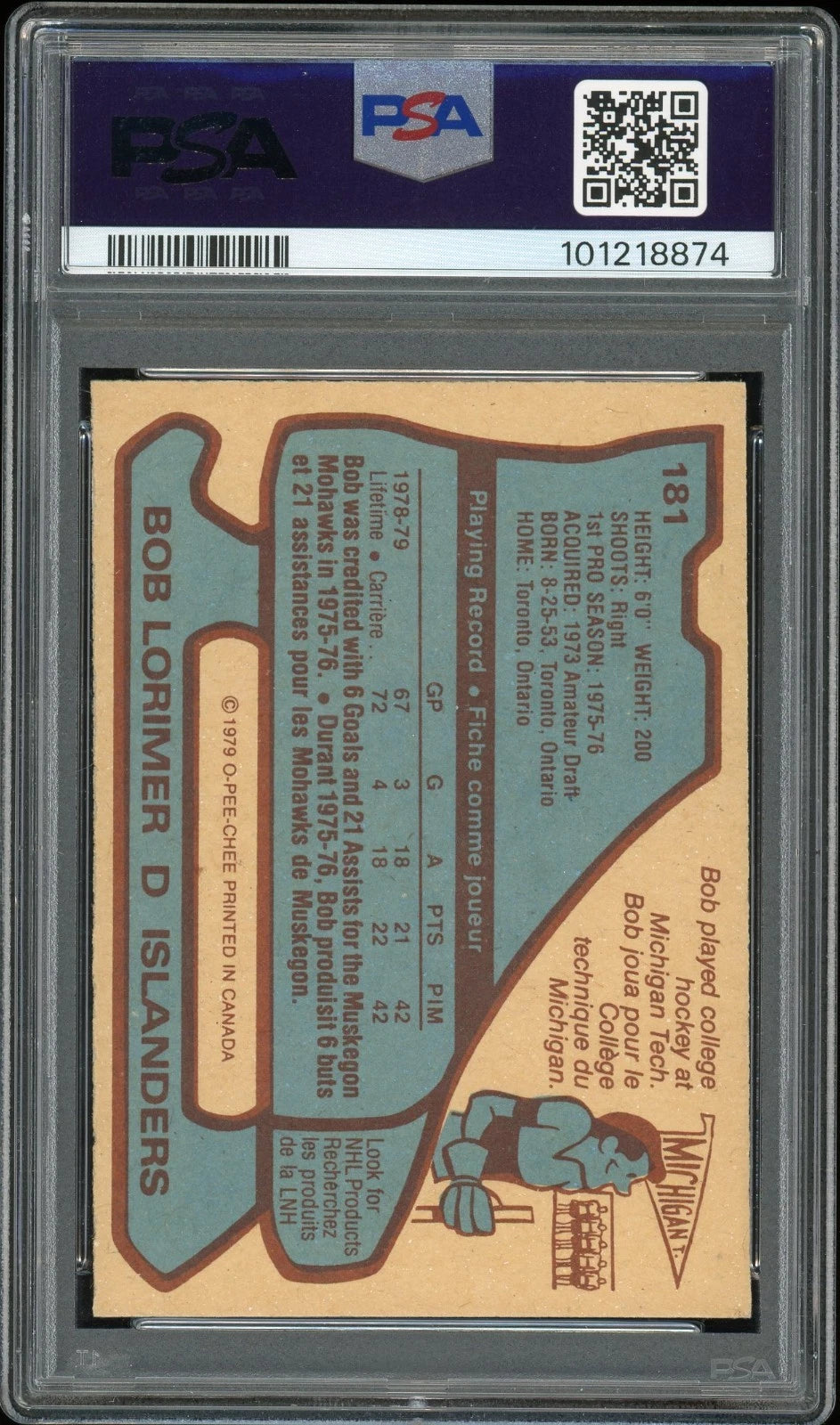 1979 O-Pee-Chee #181 Bob Lorimer PSA 7 NM