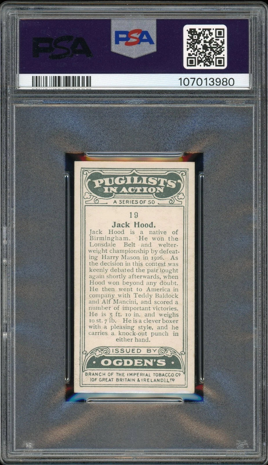 1928 Ogden's LTD #19 Jack Hood Pugilists in Action PSA 6 EX-MT