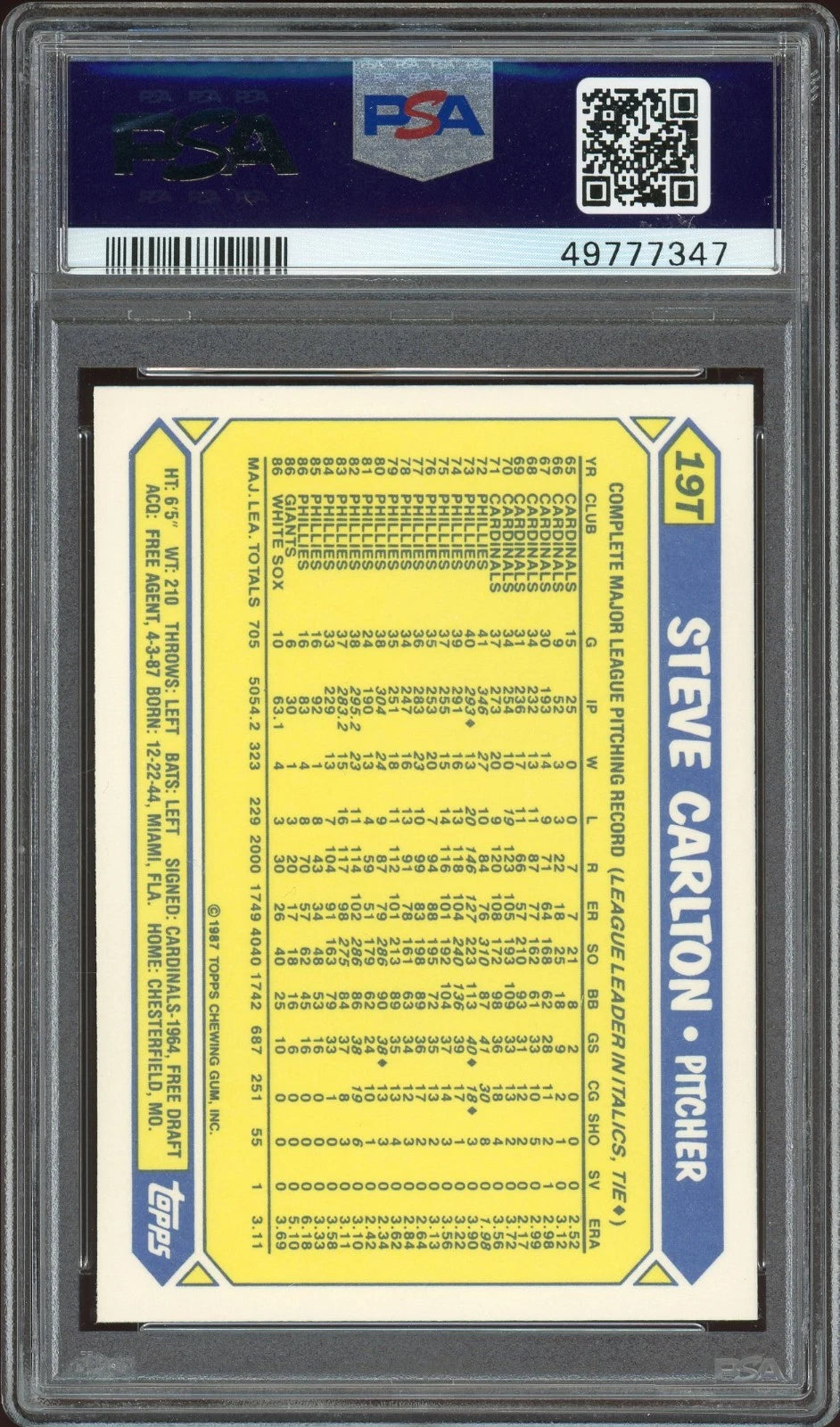 1987 Topps Traded Tiffany #19T Steve Carlton PSA 10 GEM MT