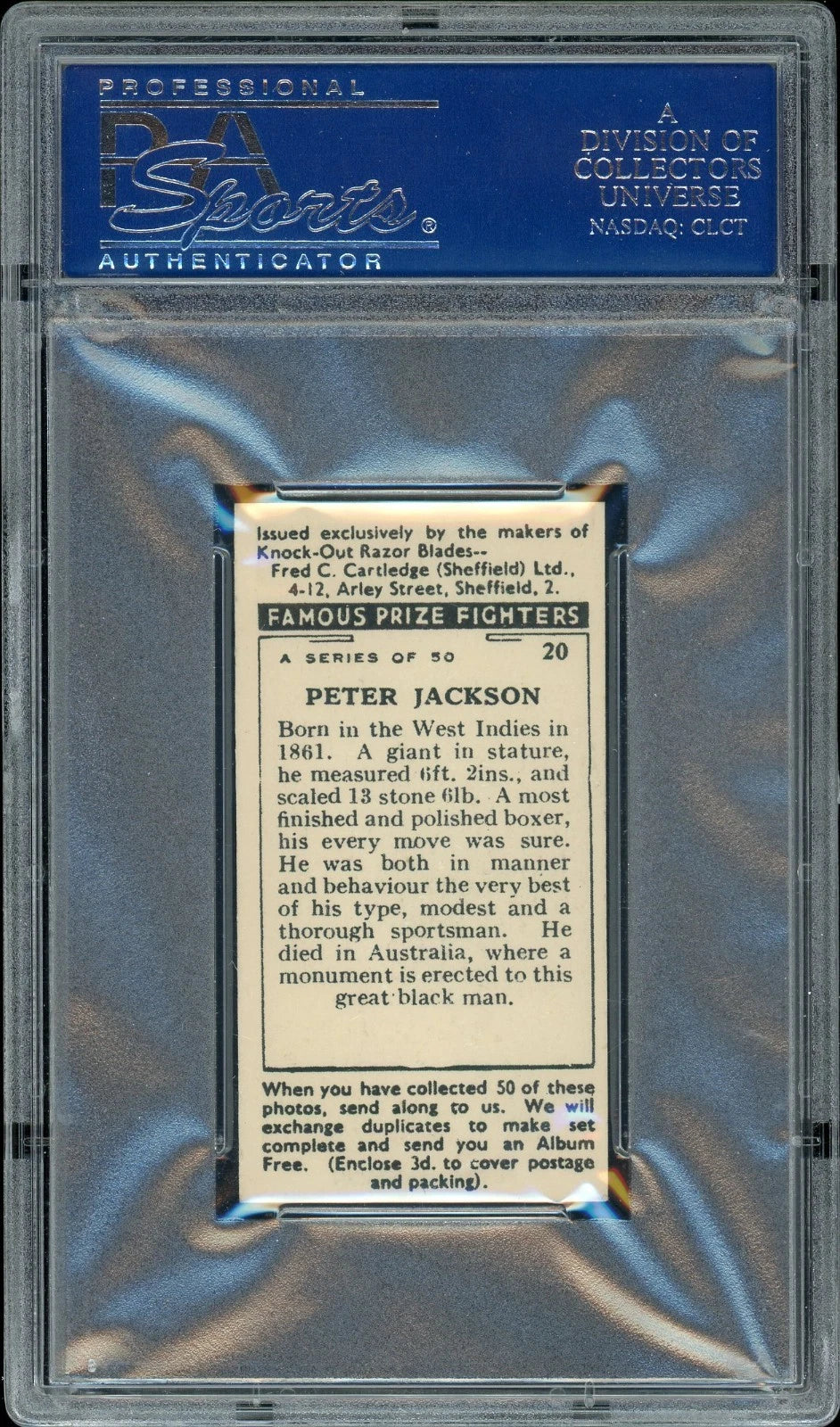 1938 F.C. Cartledge #20 Peter Jackson Famous Prize fighters PSA 8 NM-MT