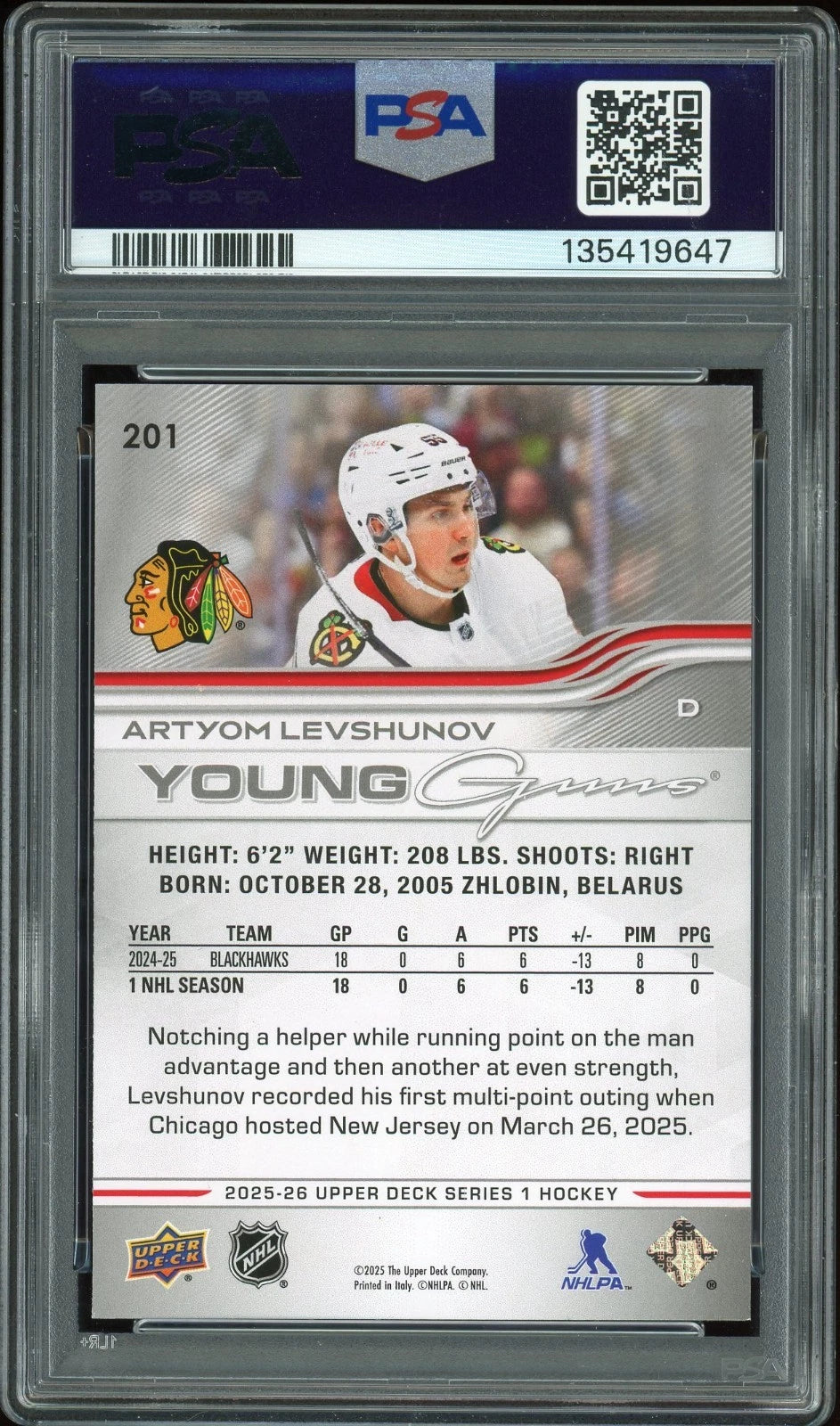 2025 Upper Deck #201 Artyom Levshunov PSA 8 NM-MT