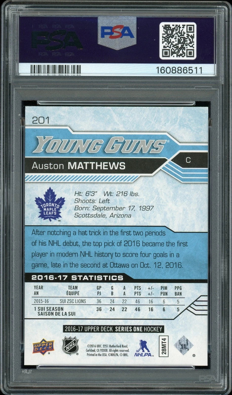 2016 Upper Deck #201 Auston Matthews PSA 10 GEM MT