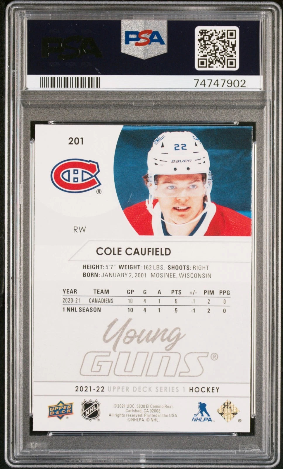 2021 Upper Deck #201 Cole Caufield PSA 9 Mint