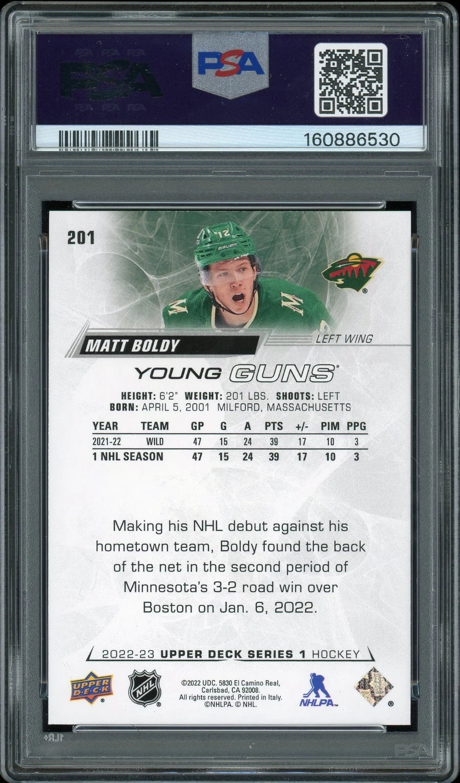2022 Upper Deck #201 Matt Boldy PSA 10 GEM MT