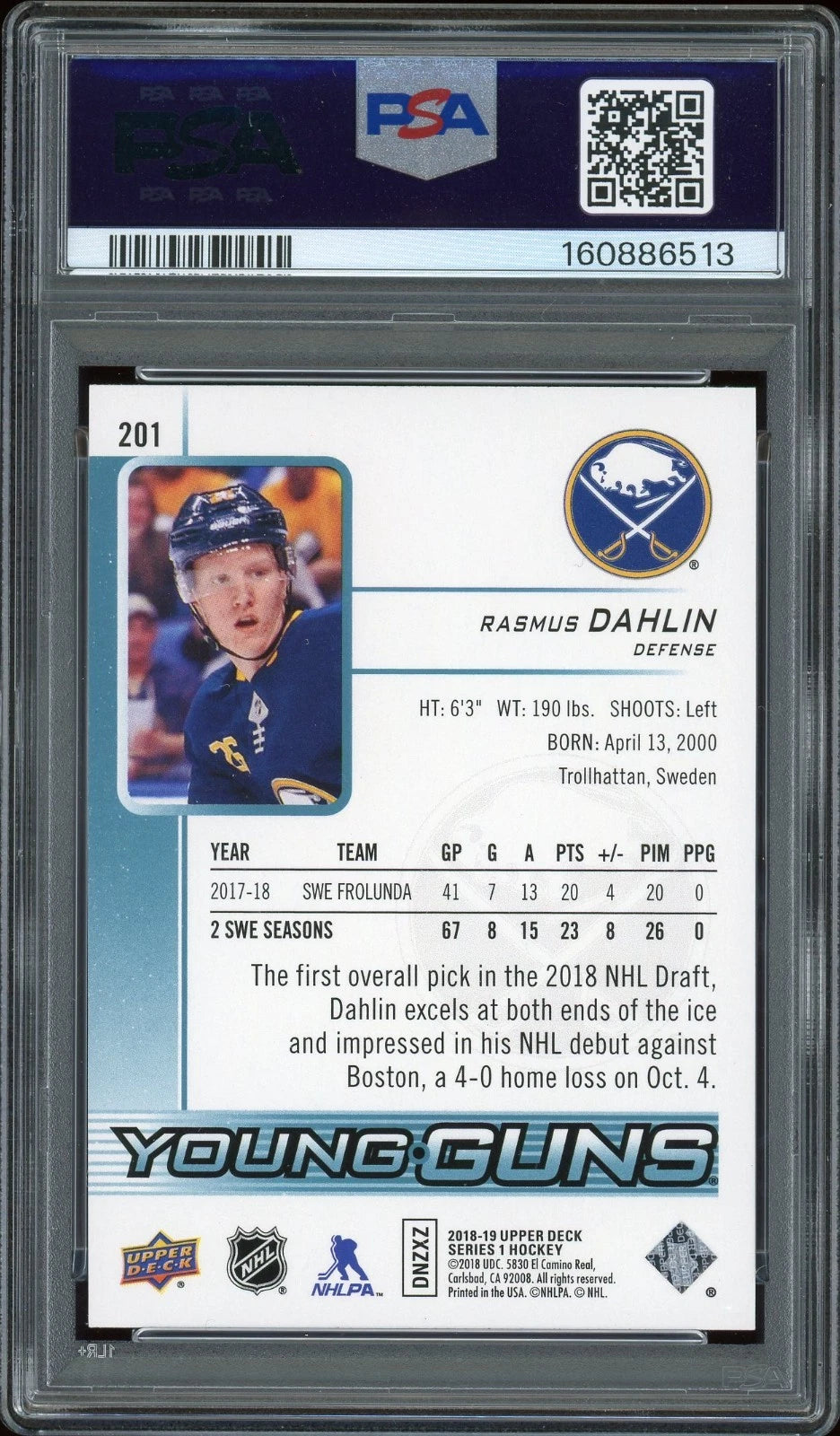 2018 Upper Deck #201 Rasmus Dahlin PSA 9 Mint