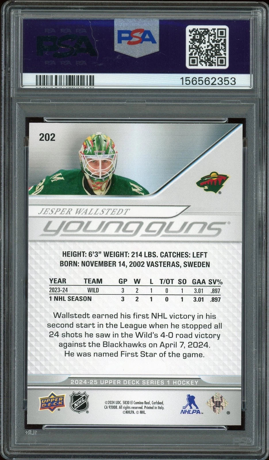 2024 Upper Deck #202 Jesper Wallstedt PSA 8 NM-MT