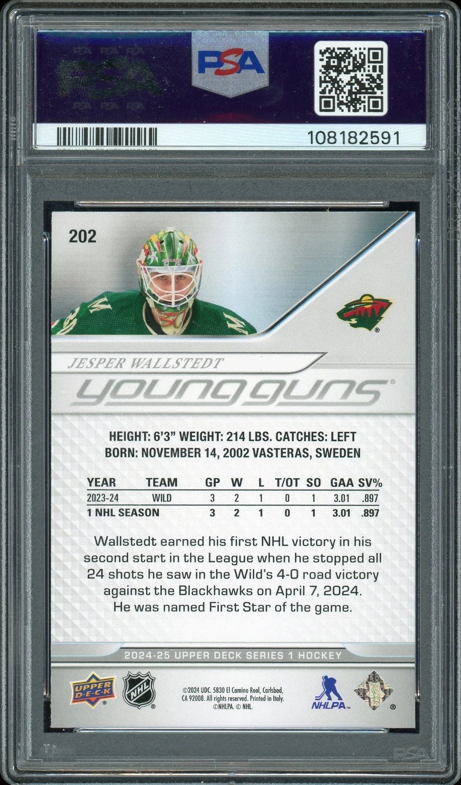 2024 Upper Deck #202 Jesper Wallstedt PSA 9 Mint