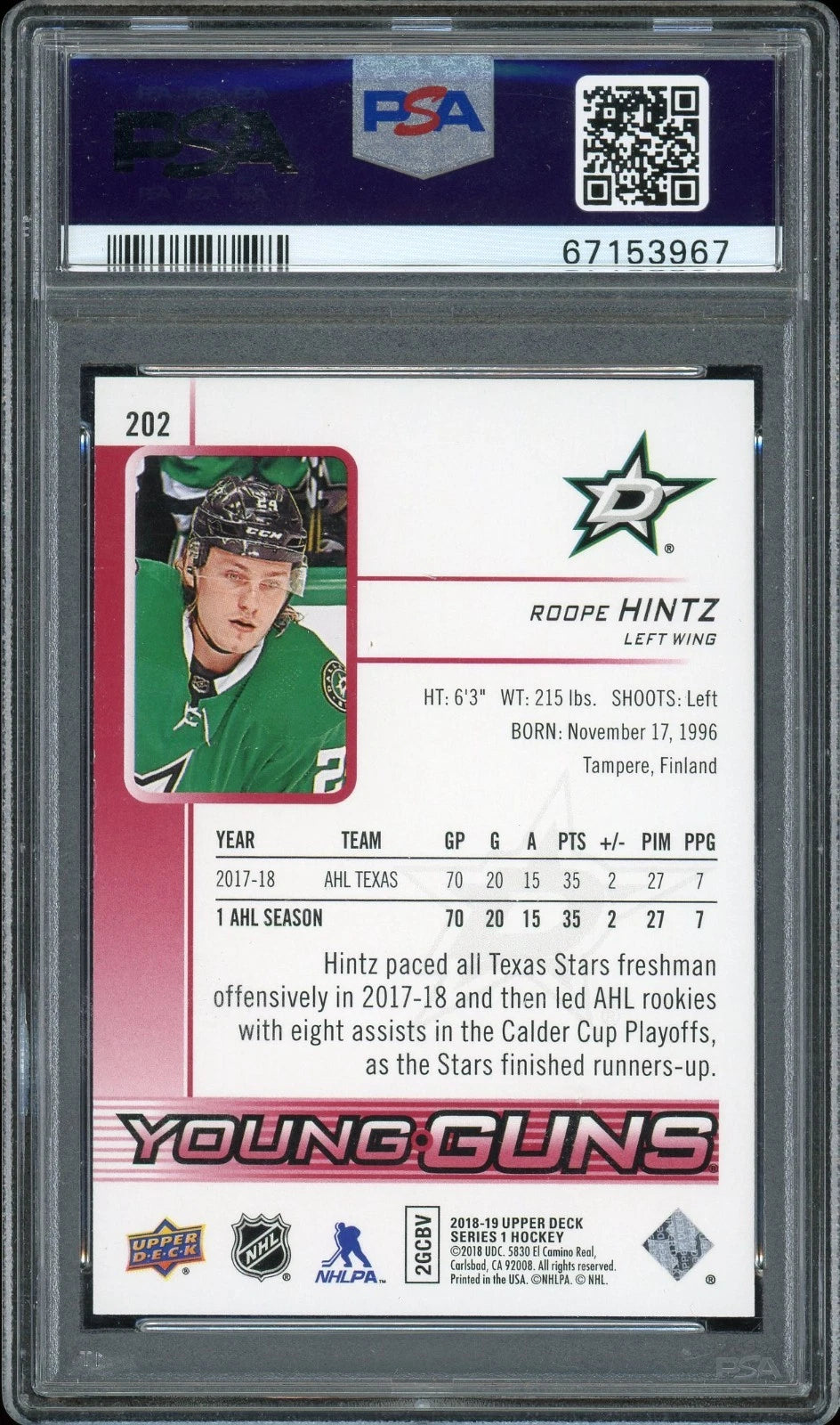 2018 Upper Deck #202 Roope Hintz Exclusives PSA 10 GEM MT