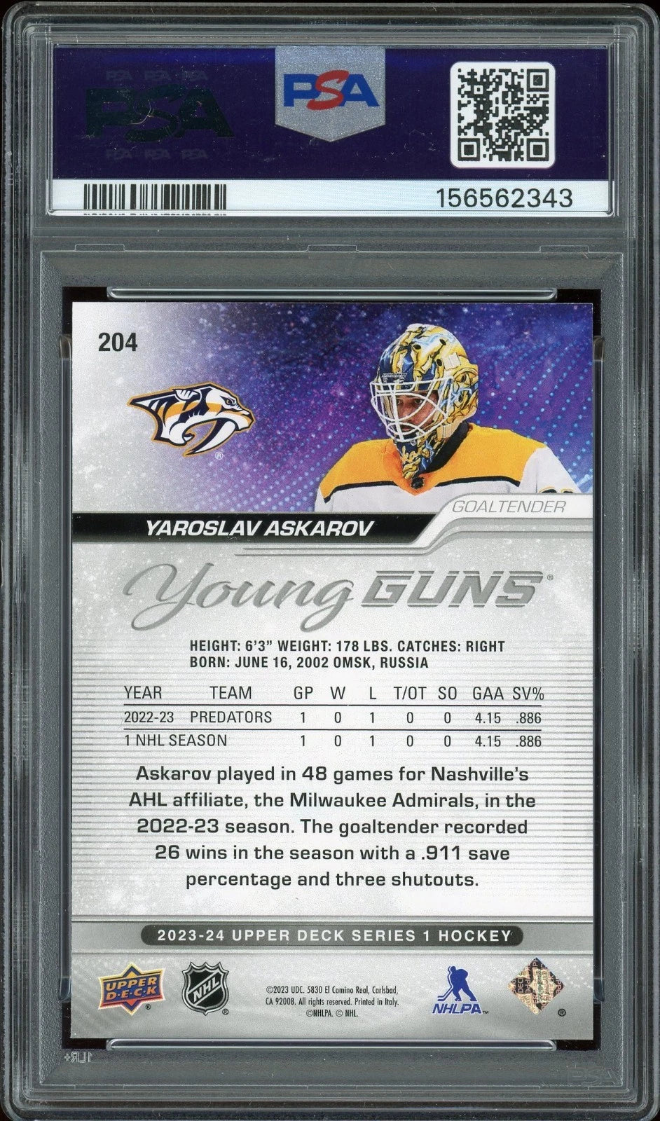 2023 Upper Deck #204 Yaroslav Askarov PSA 8 NM-MT