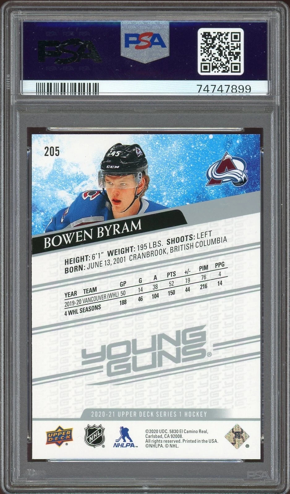 2020 Upper Deck #205 Bowen Byram PSA 9 Mint