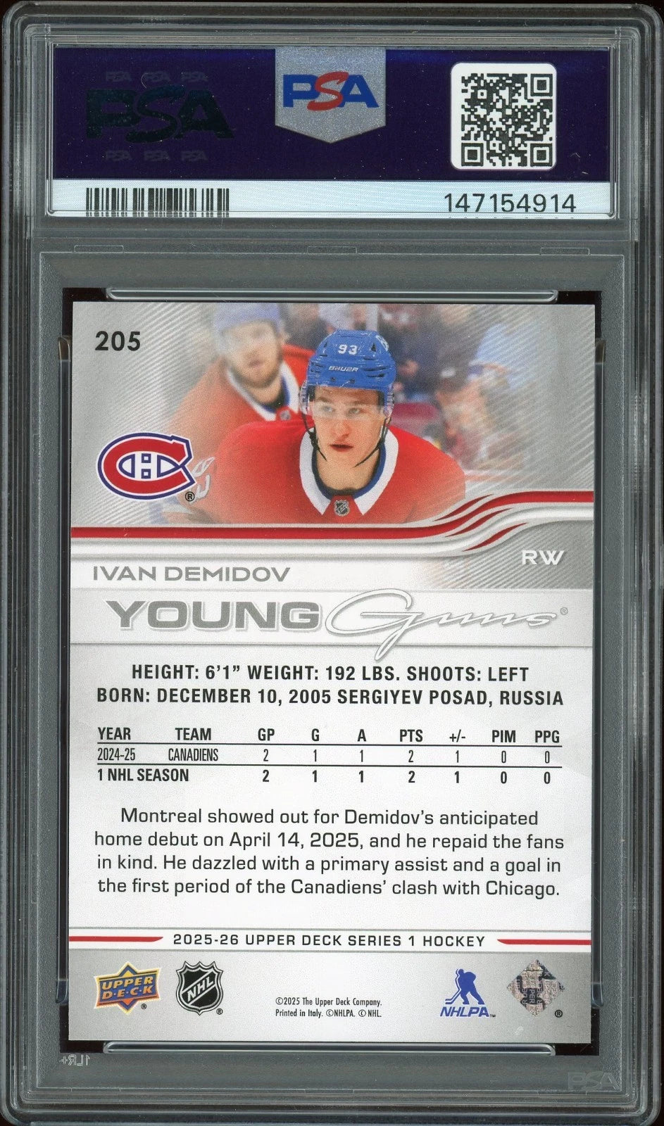 2025 Upper Deck #205 Ivan Demidov PSA 9 Mint