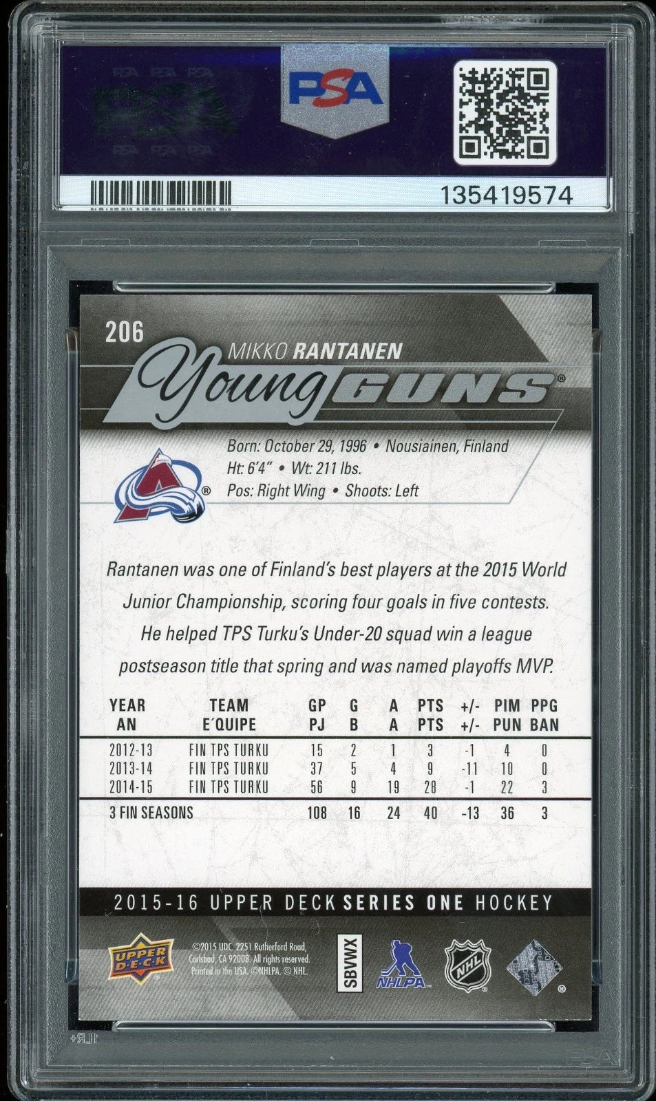 2015 Upper Deck #206 Mikko Rantanen PSA 9 Mint