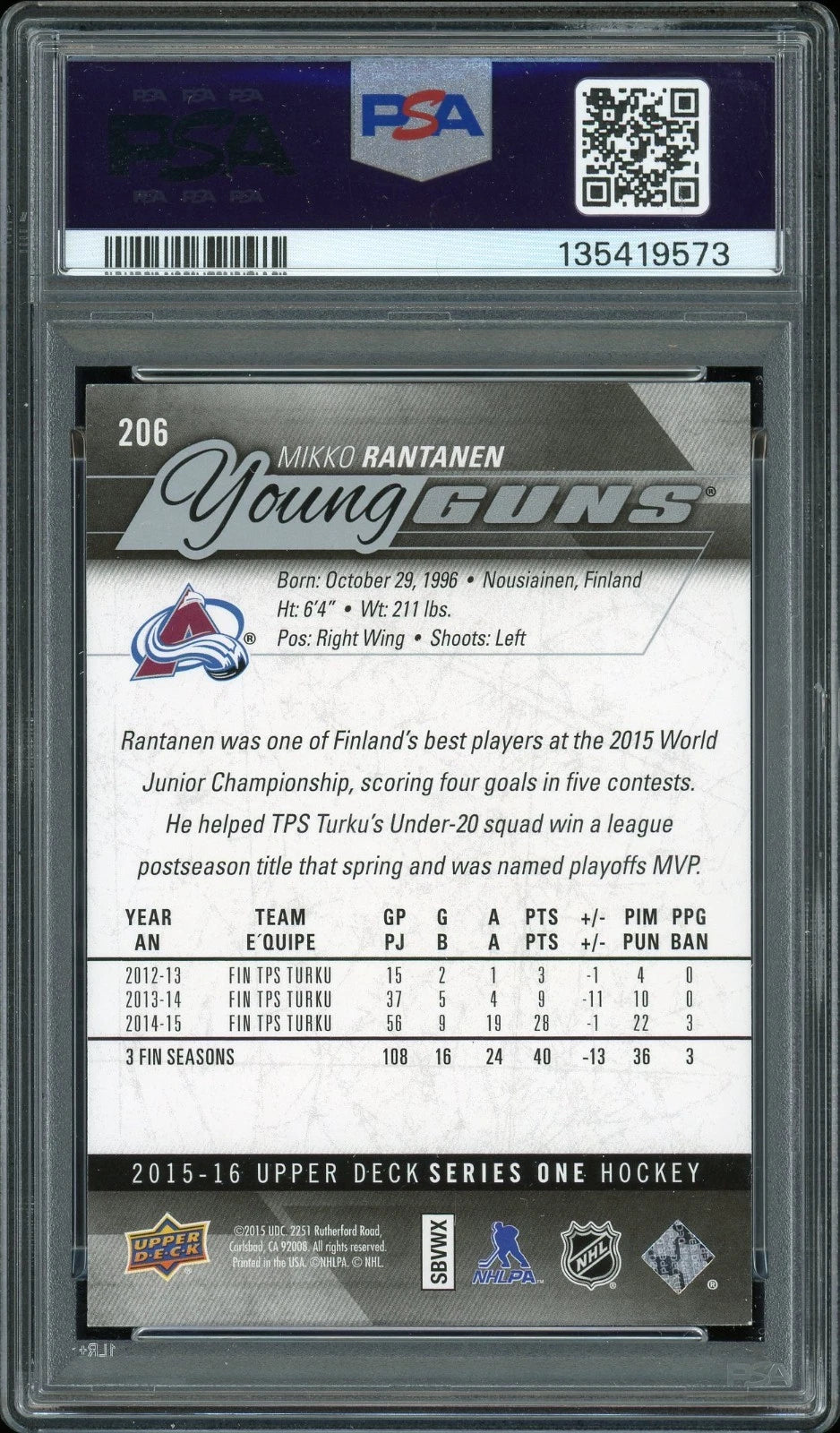 2015 Upper Deck #206 Mikko Rantanen PSA 9 Mint