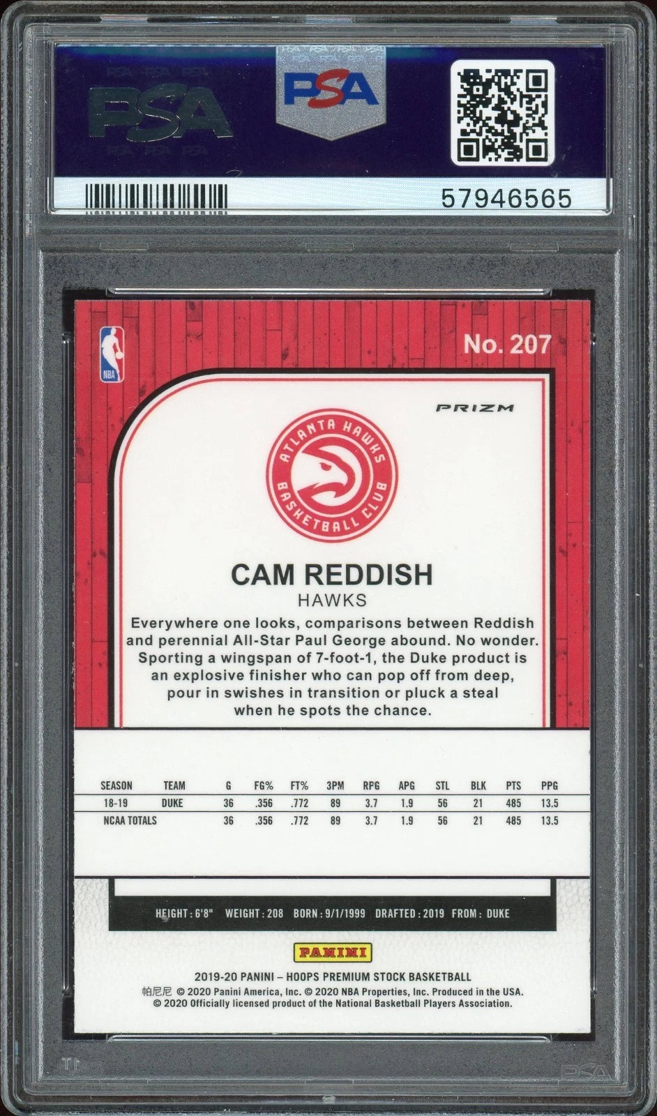 2019 Hoops Premium Stock #207 Cam Reddish Purple Disco PSA 10 GEM MT