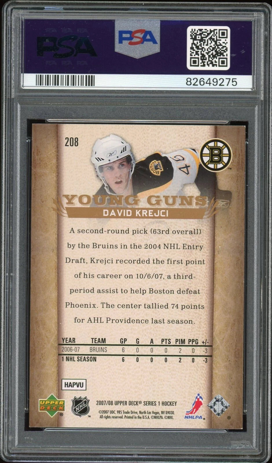 2007 Upper Deck #208 David Krejci PSA 7 NM