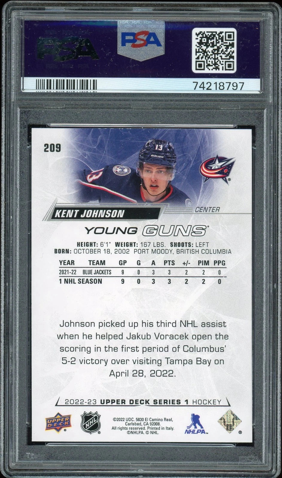 2022 Upper Deck #209 Kent Johnson PSA 10 GEM MT