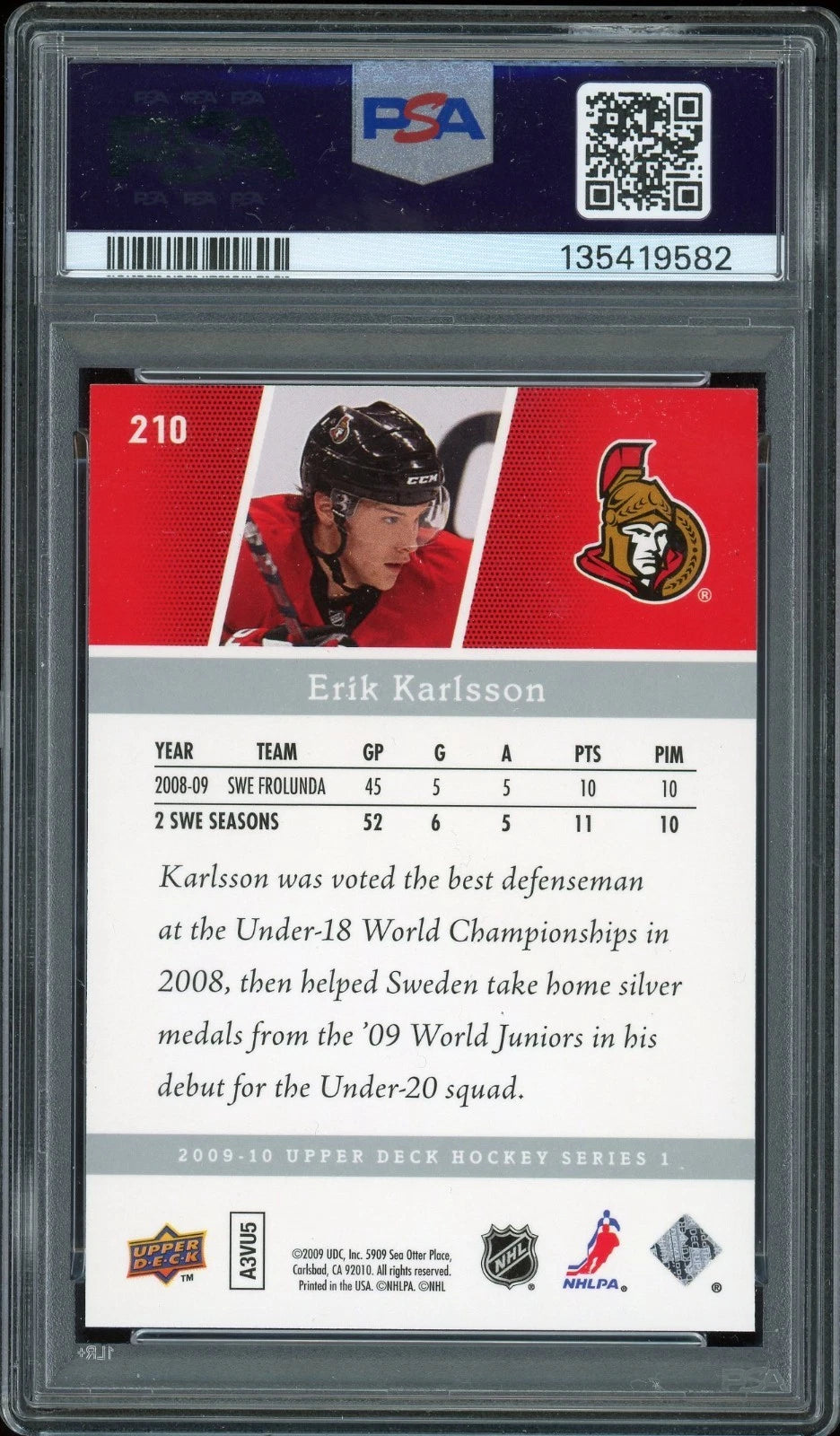 2009 Upper Deck #210 Erik Karlsson PSA 9 Mint