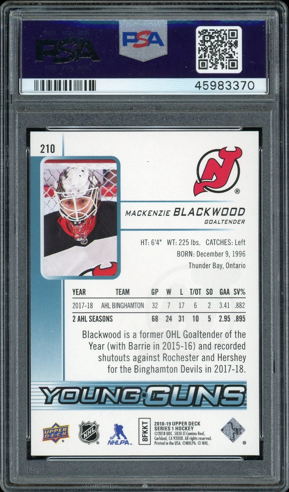 2018 Upper Deck #210 Mackenzie Blackwood PSA 10 GEM MT