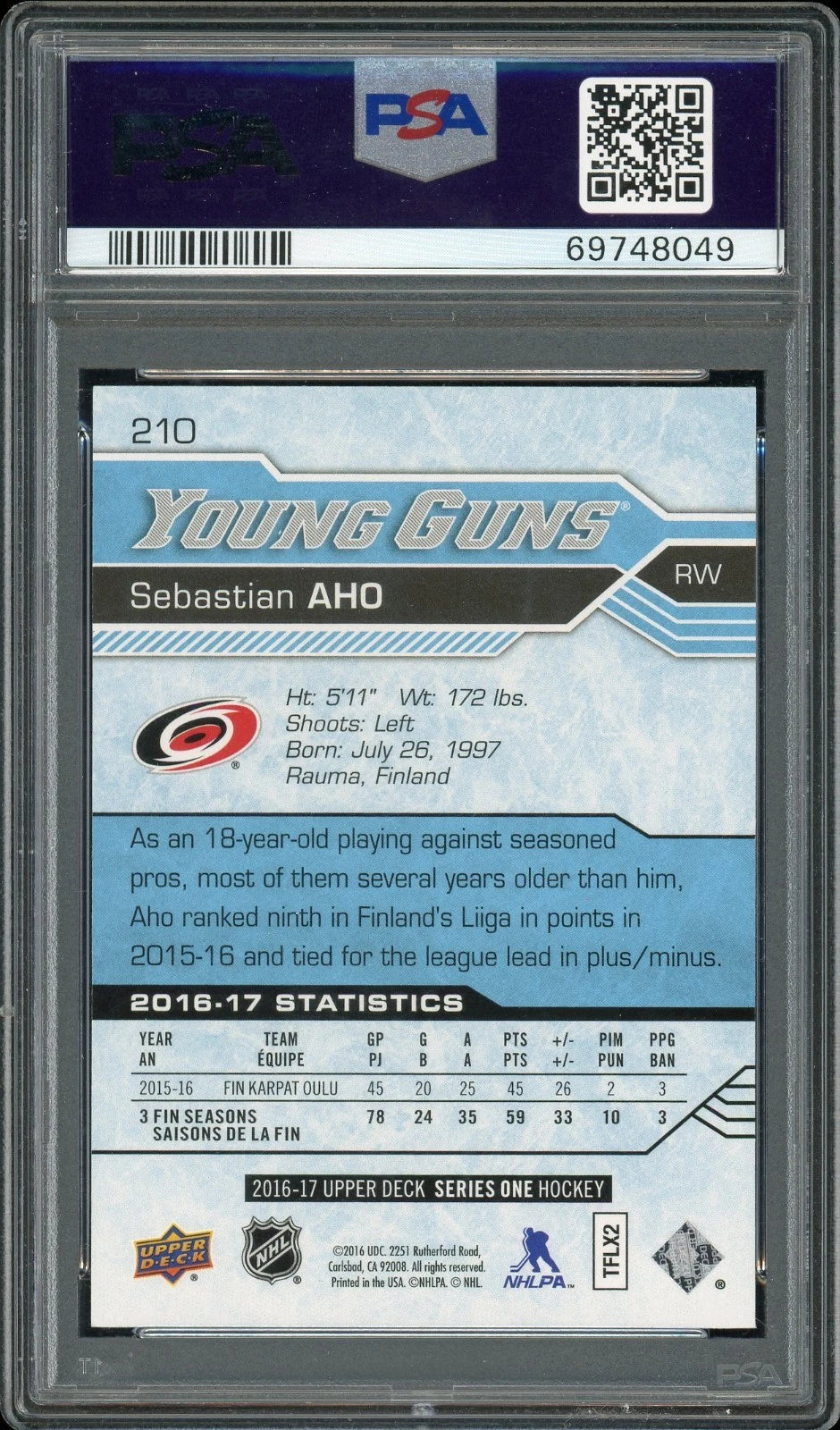 2016 Upper Deck #210 Sebastian Aho PSA 10 GEM MT