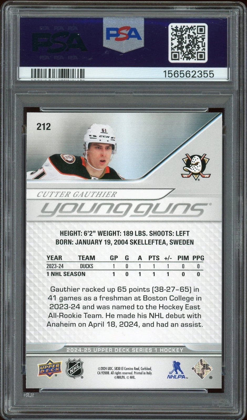 2024 Upper Deck #212 Cutter Gauthier PSA 10 GEM MT