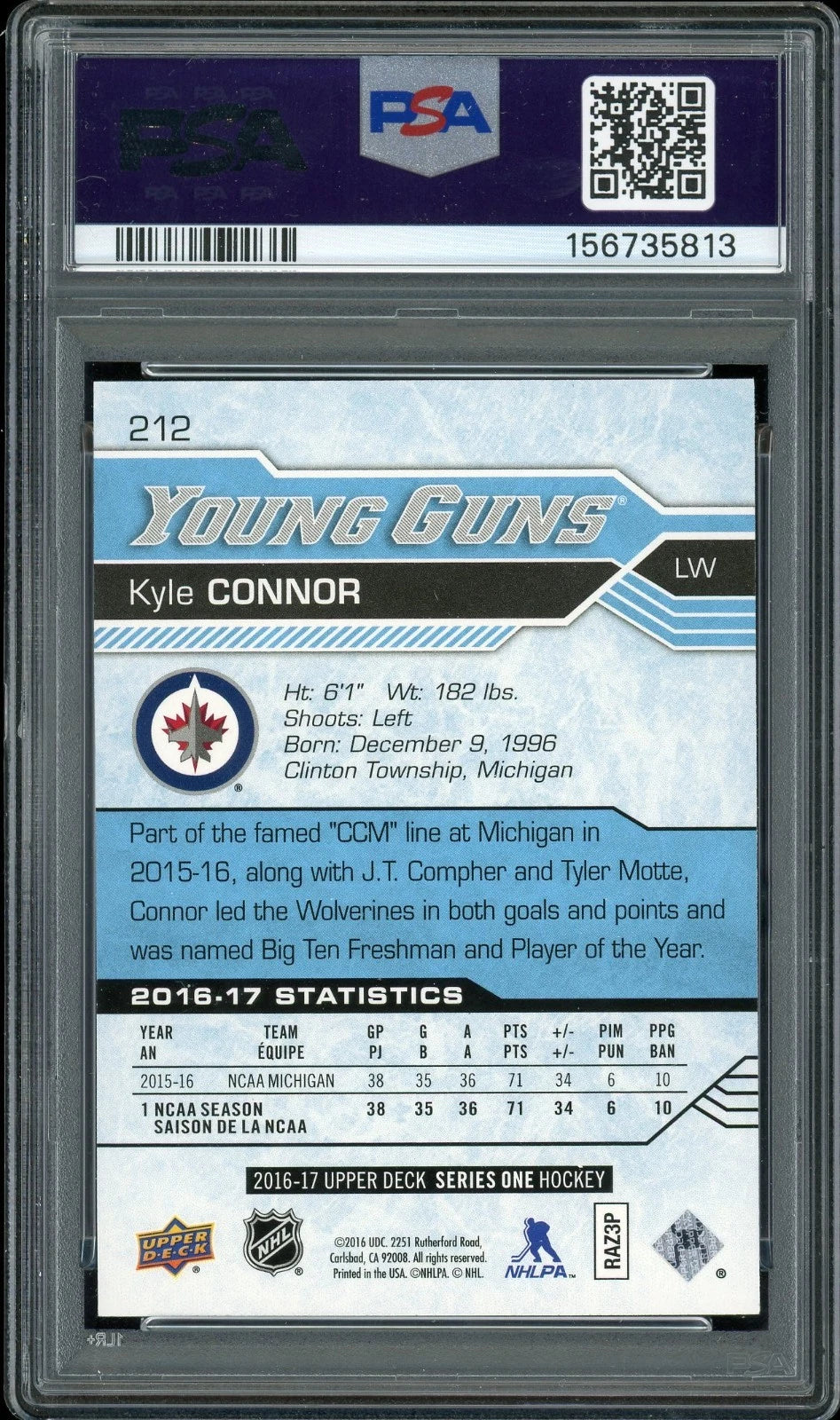 2016 Upper Deck #212 Kyle Connor PSA 9 Mint