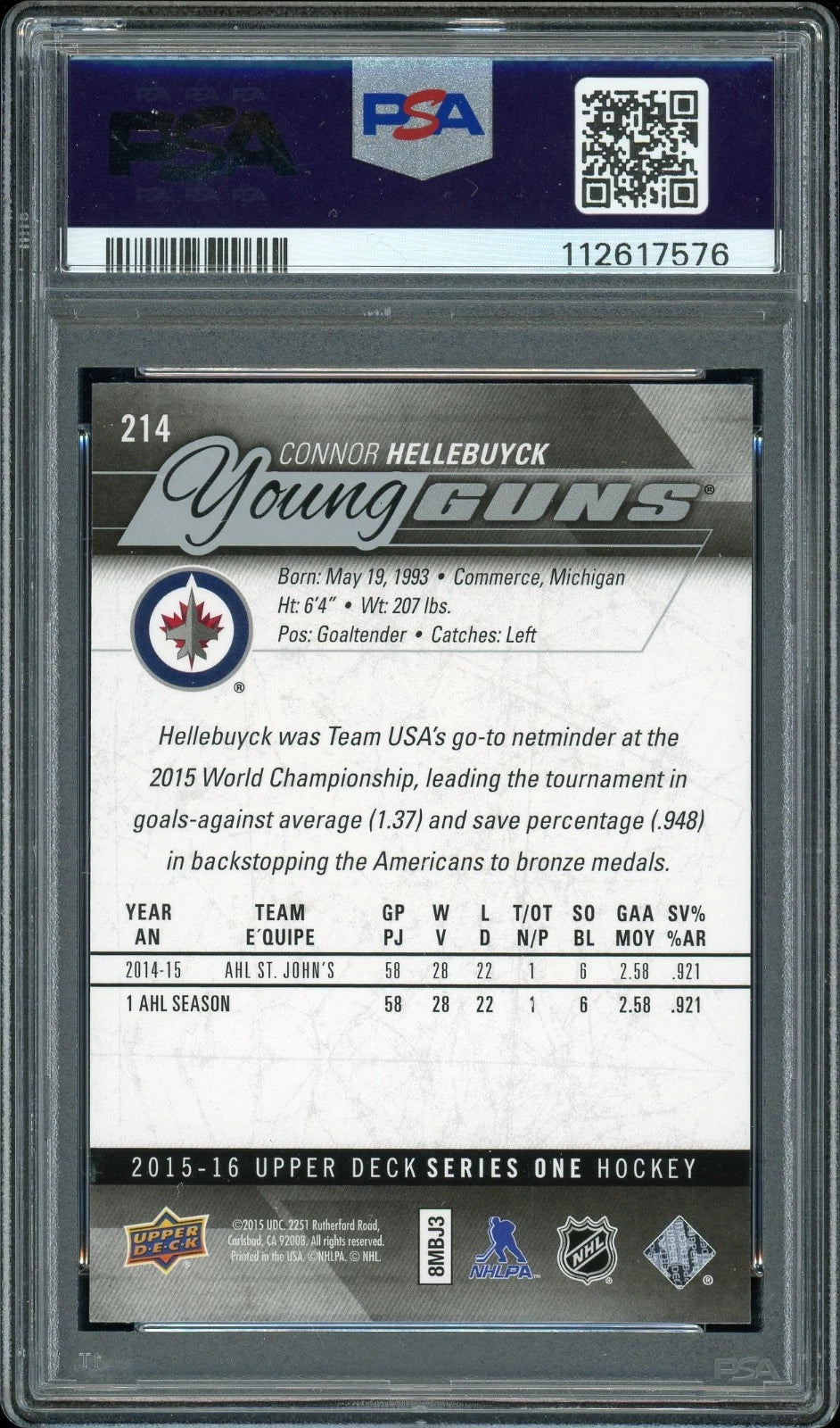 2015 Upper Deck #214 Connor Hellebuyck PSA 10
