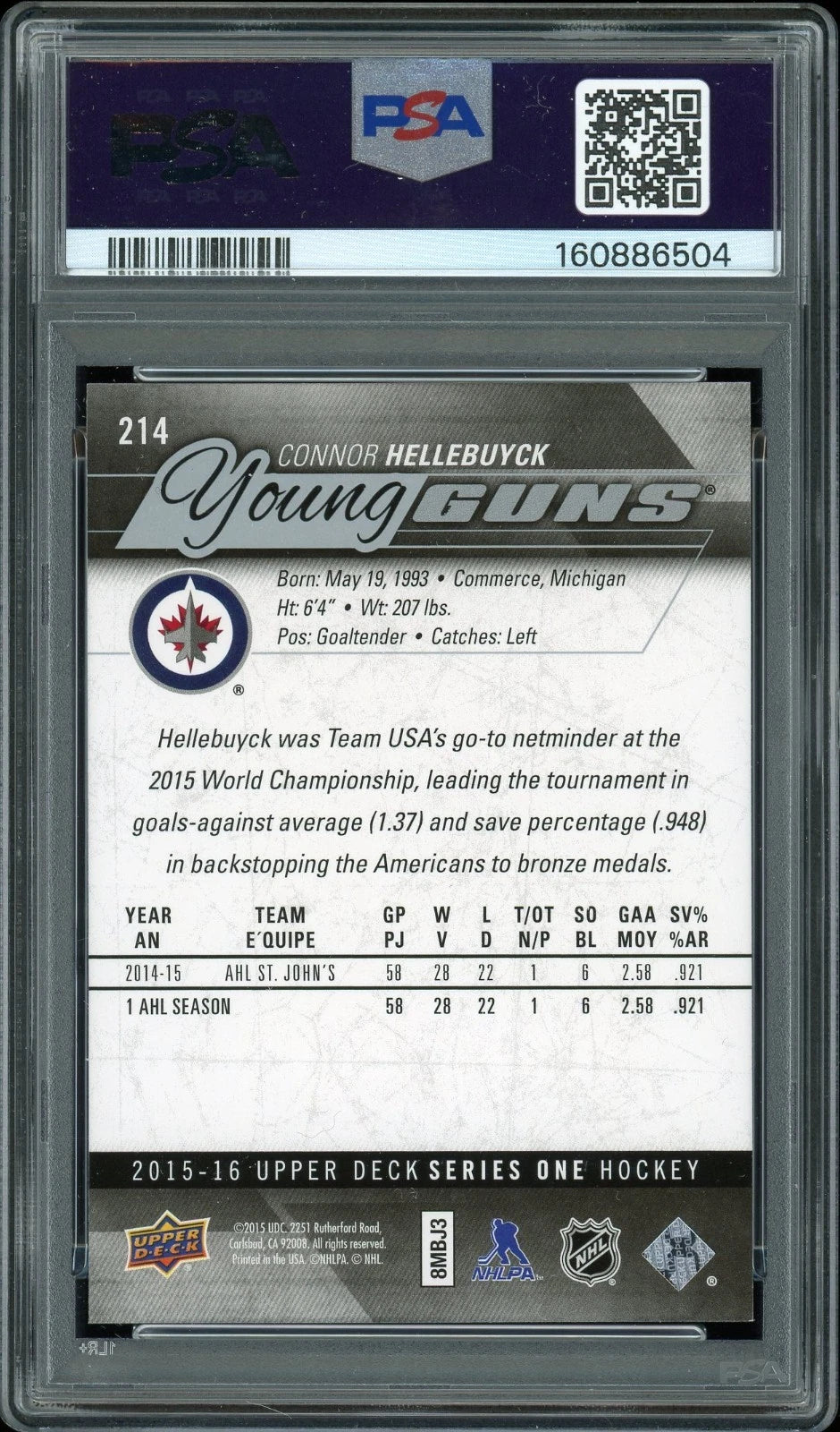 2015 Upper Deck #214 Connor Hellebuyck PSA 9 Mint