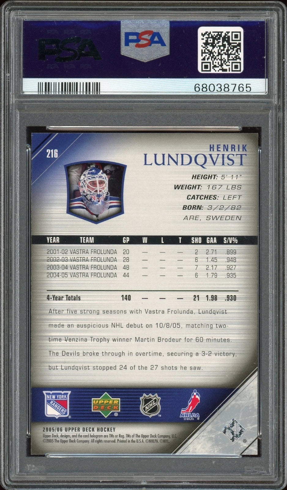 2005 Upper Deck #216 Henrik Lundqvist PSA 9 Mint