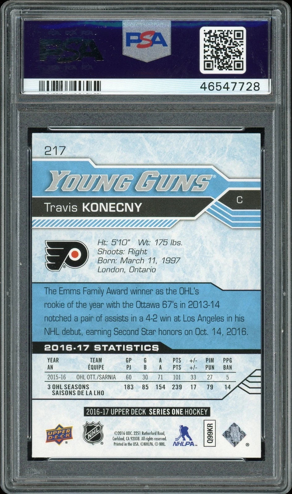 2016 Upper Deck #217 Travis Konecny PSA 10 GEM MT