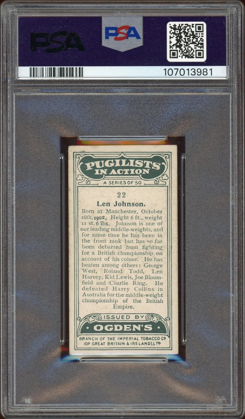 1928 Ogden's LTD #22 Len Johnson Pugilists in Action PSA 4 VG-EX