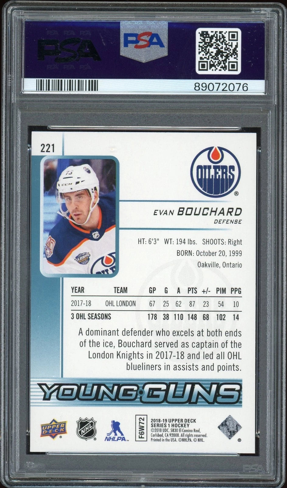 2018 Upper Deck #221 Evan Bouchard PSA 10 GEM MT