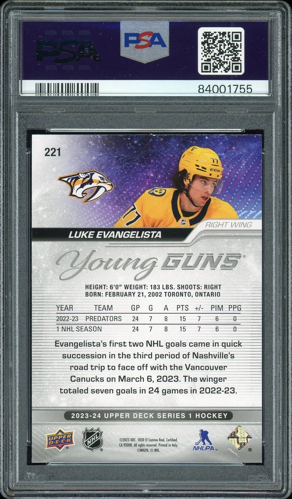 2023 Upper Deck #221 Luke Evangelista PSA 10 GEM MT