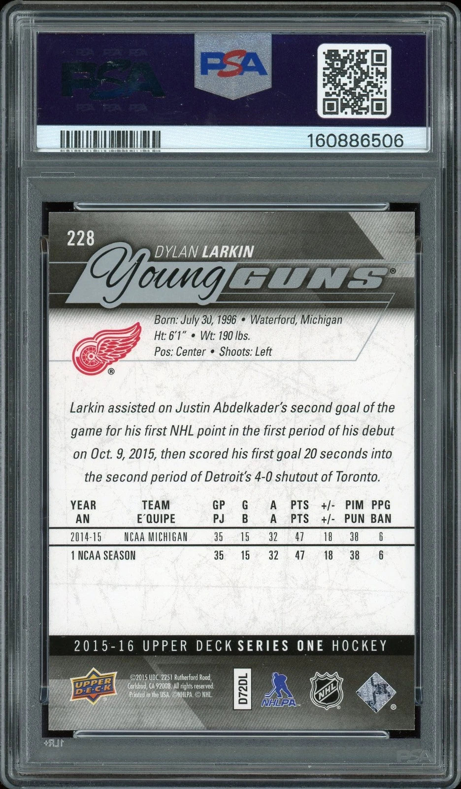 2015 Upper Deck #228 Dylan Larkin PSA 10 GEM MT