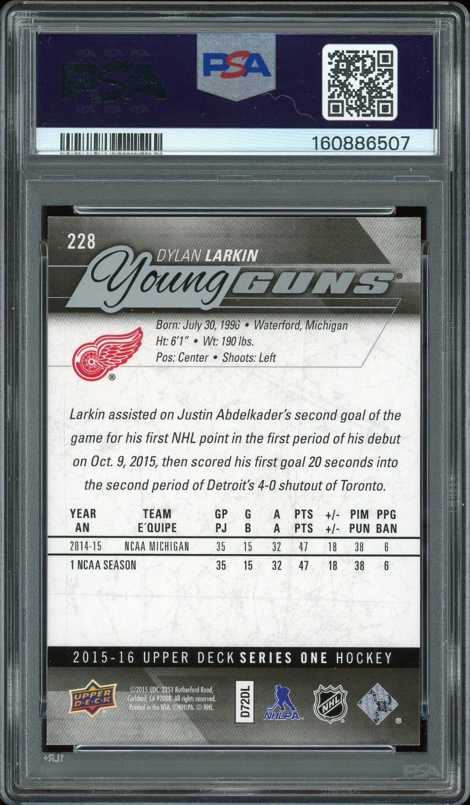 2015 Upper Deck #228 Dylan Larkin PSA 10 GEM MT