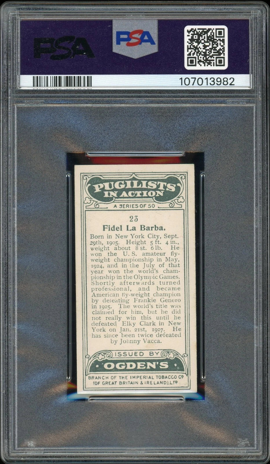 1928 Ogden's LTD #23 Fidel La Barba Pugilists in Action PSA 7 NM