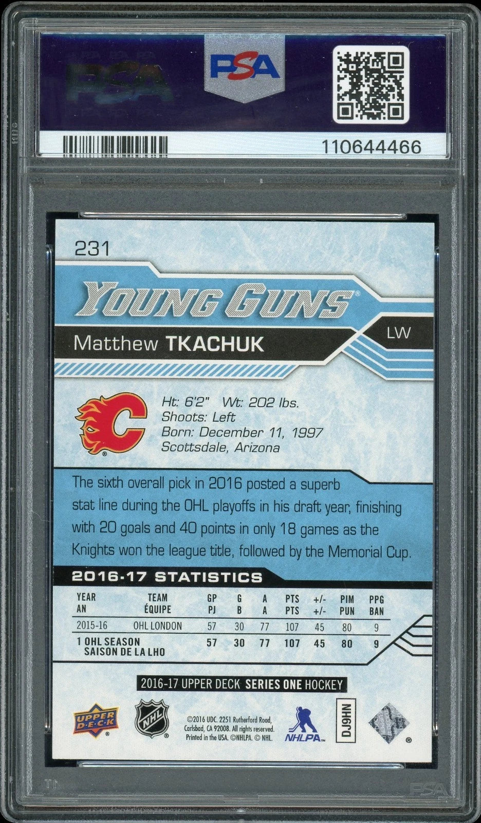 2016 Upper Deck #231 Matthew Tkachuk PSA 10 GEM MT